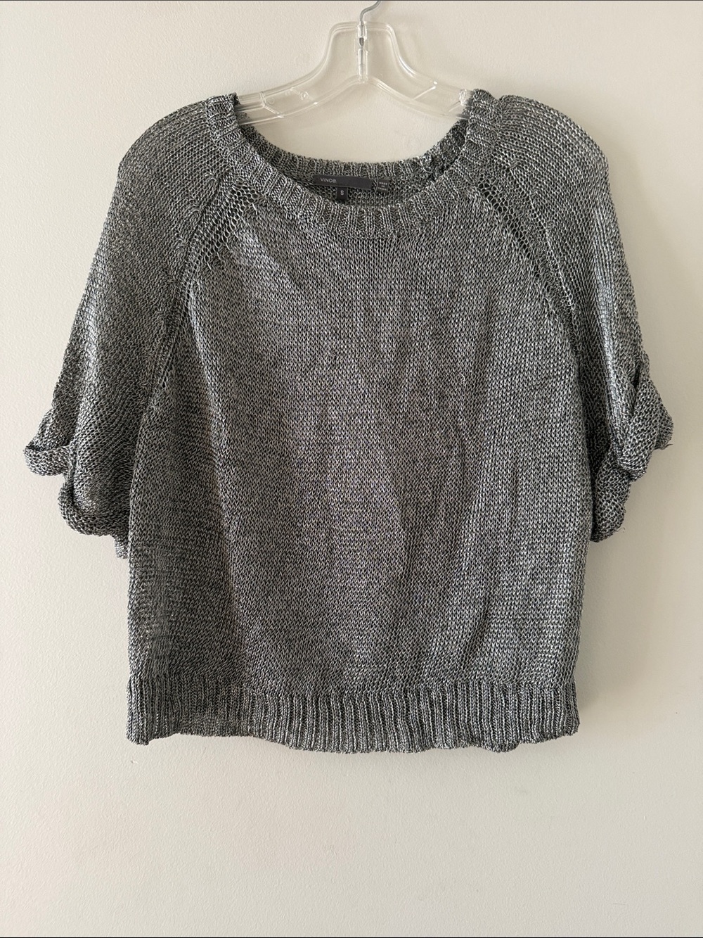 VINCE Relaxed Crewneck Short-Sleeve Sweater in Metallic Gray